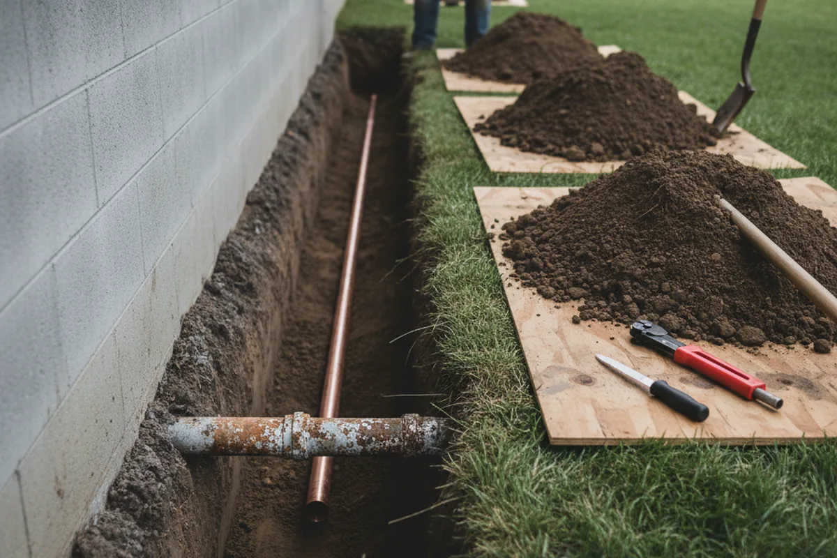 Excavated water line trench during Water Heater Repair in Rutland